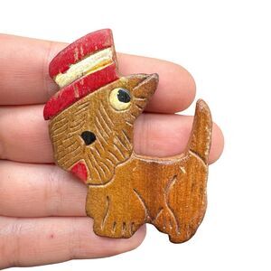 Vintage Wooden Scottish Terrier Brooch, Antique Dog Pin